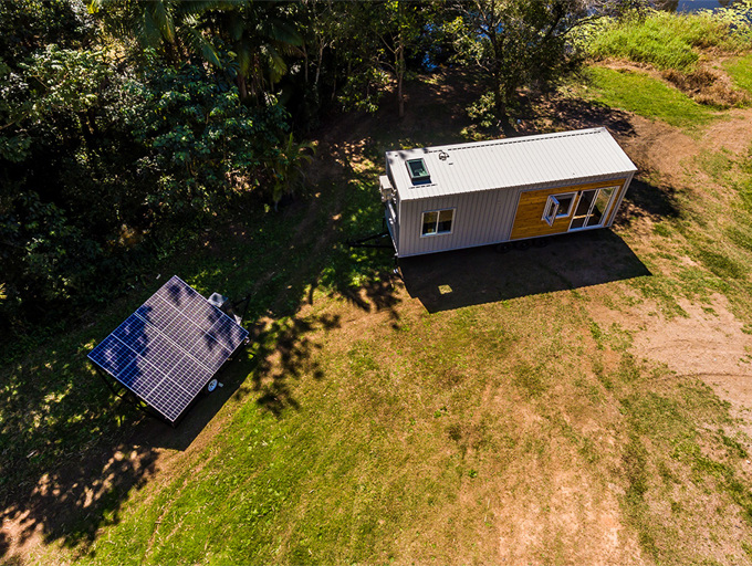 Tiny House powered by solar system package mounted on a trailer